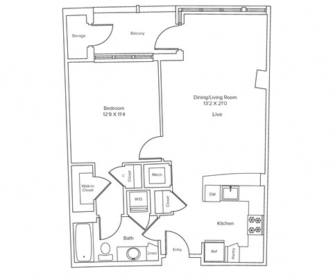 Floor plan for 1 bed, 1 bath, 761 sqft